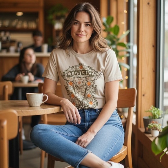 Simply Southern Cowgirl Vibes Graphic T-Shirt M Medium Tan Western Longhorn - Picture 6 of 13